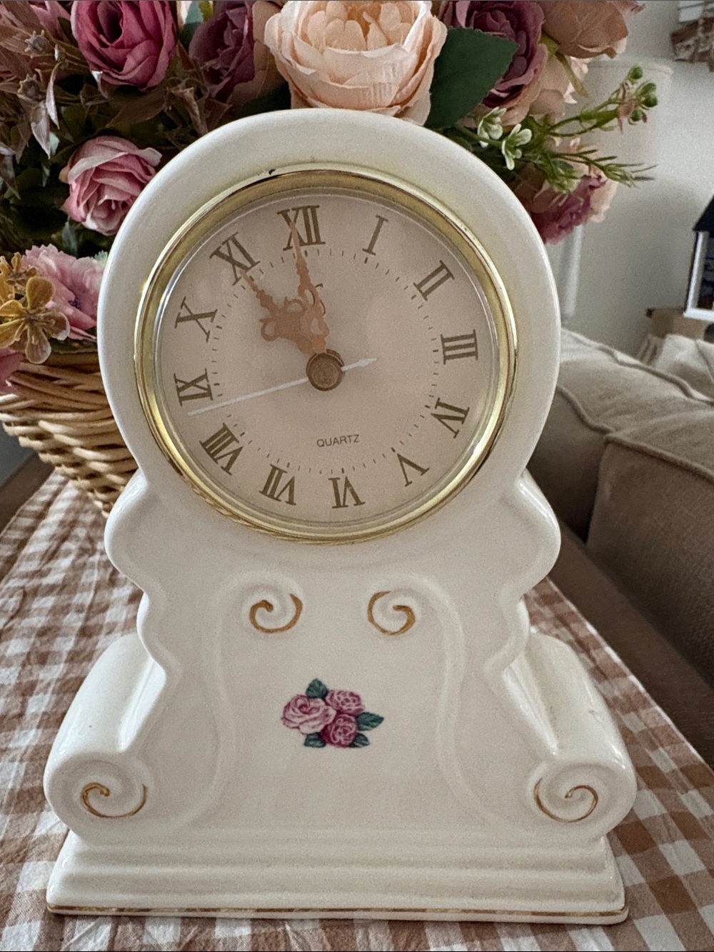 White Ceramic Mantel Clock with Pink Rose Motif